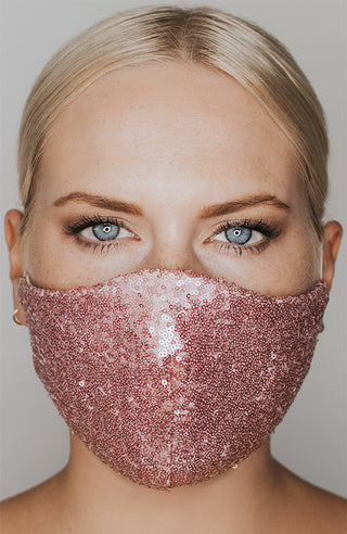 Model wearing Disco Ball mask in Sparkling Rose by Katie May